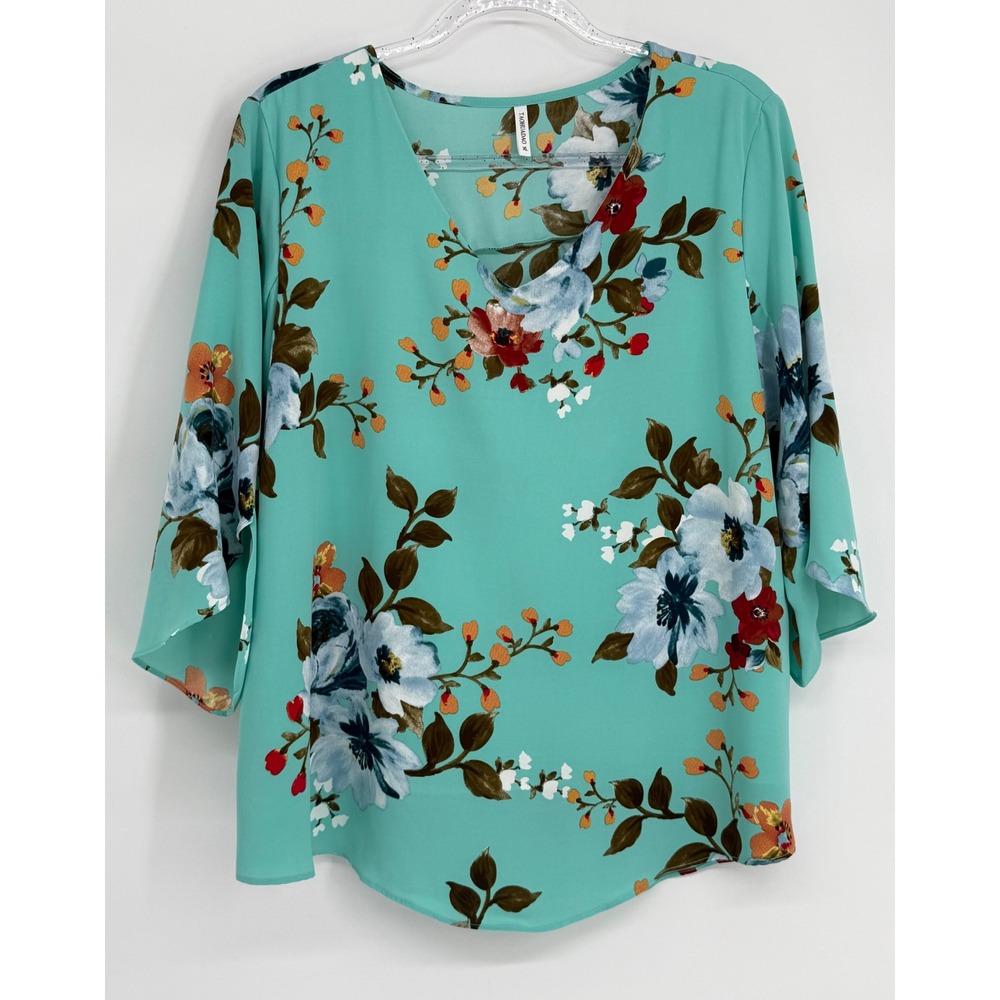 TAOHUADAO Womens Sz XL Mint Green Floral V-Neck 3/4 Bell Sleeve Blouse Top